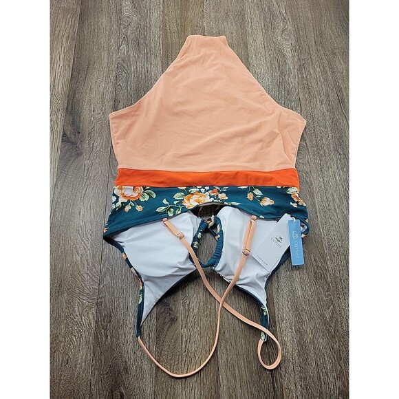 NEW - CUPSHE Floral One Piece Swimsuit Green Peach Cut Out High Leg XL - Picture 4 of 10